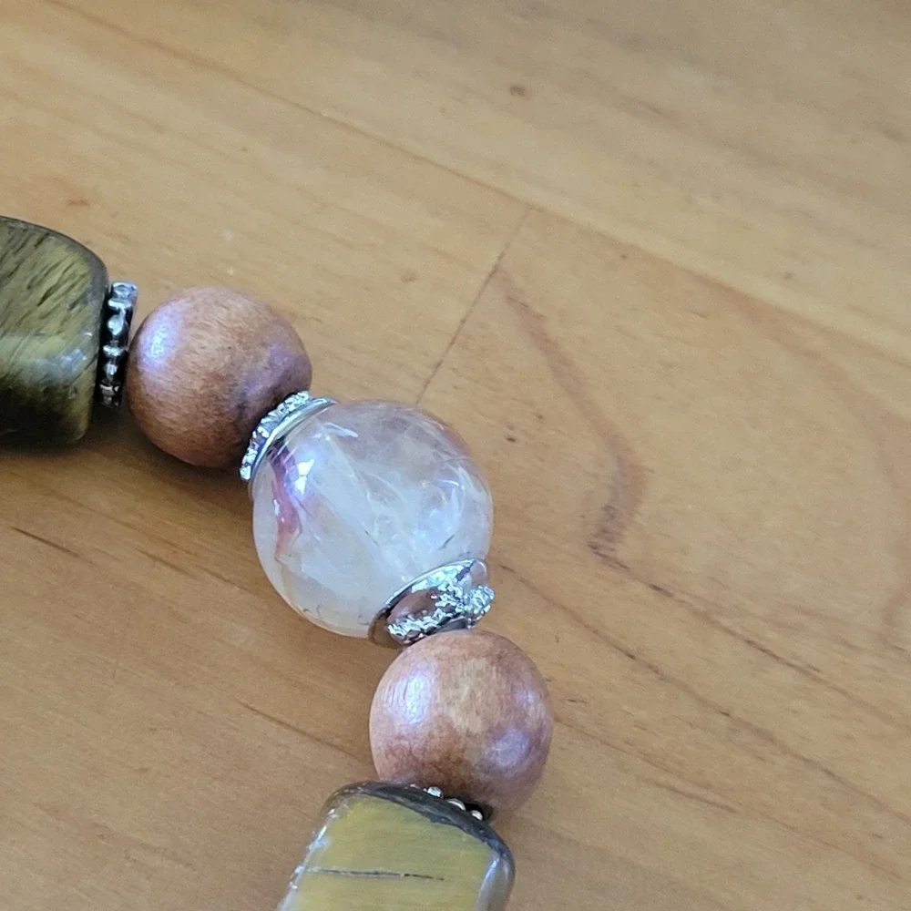 Chunky Tigers Eye Wood Bead Stretch Bracelet Marbled Glass 43g Vtg